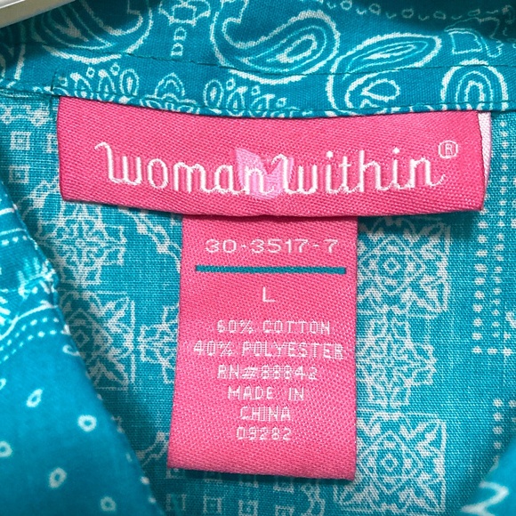 *Woman Within Teal Patchwork Bandana Pattern Long-Sleeve Button Down Top NWOT - Picture 6 of 8